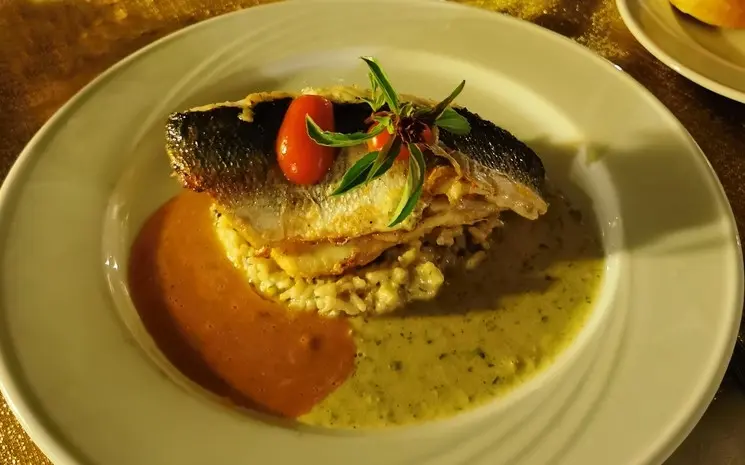 Plat signe d'El Ferida, poisson grille, risotto et deux sauces, dressage soigné